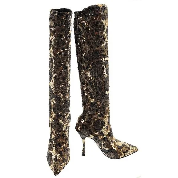 Dolce & Gabbana Sequin Embellished Leopard Knee-High Stiletto Boots-EU38